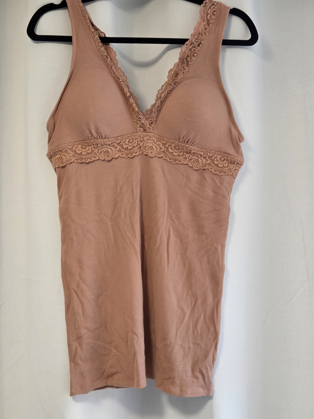 NWT Easel Built-in Bra Cup Ribbed Lace Cami Tank Top Mauve Rose - L